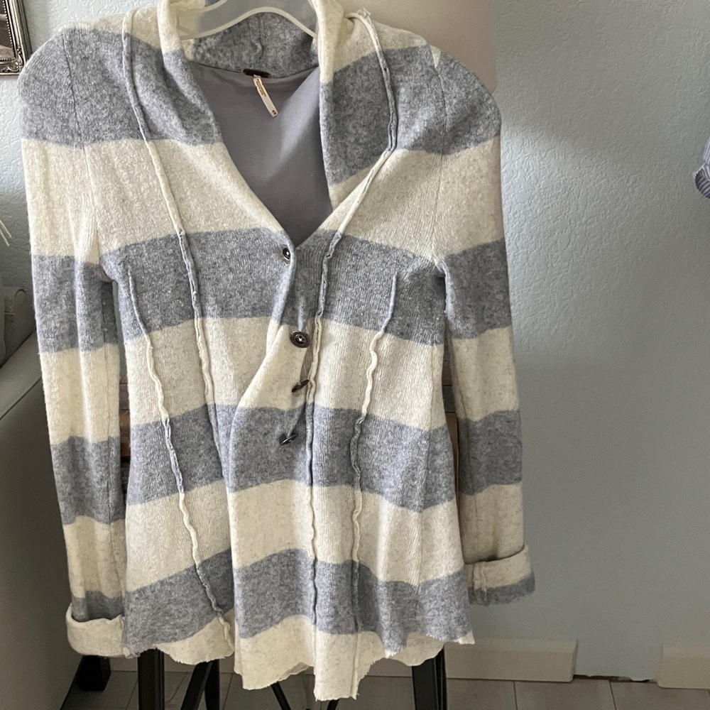 Free People Light Gray Stripe Knit Wool Blend Sweater